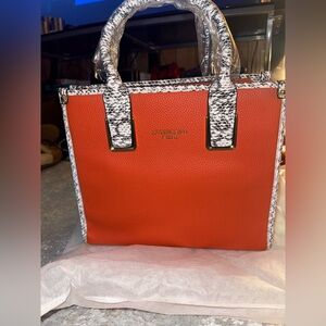 Orange faux leather large bag with snake skin accents, crossbody strap